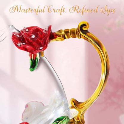 Women Glass Tea Coffee Mug Gift Set - Short Red Butterfly & Flower Design