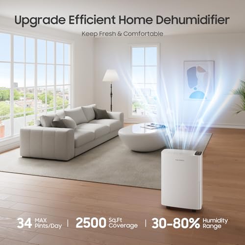 Dehumidifier for Basement 2500 Sq Ft with Drain Hose 34 Pints Max White