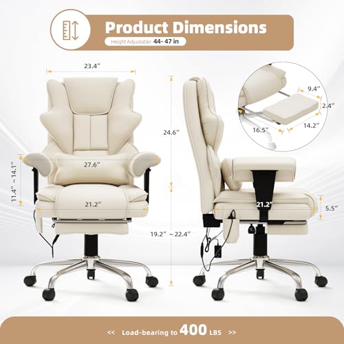 Executive Heated Massage Office Chair with Footrest - Beige