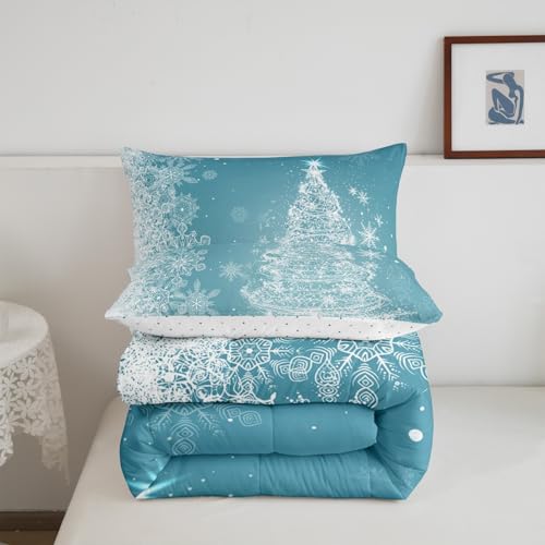 Queen Size Christmas Comforter Set with Glitter Xmas Trees & Stars - Blue Shiny Holiday Bedding with Pillowcases - Variation 07