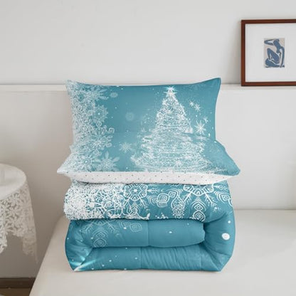 Queen Size Christmas Comforter Set with Glitter Xmas Trees & Stars - Blue Shiny Holiday Bedding with Pillowcases - Variation 07
