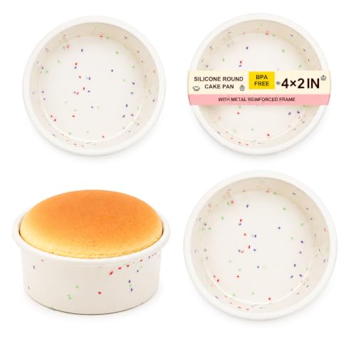 Mini Cake Pans 4 Inch Silicone with Metal Reinforced Frame 4 Pack Cream