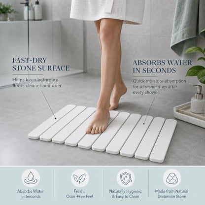 White Foldable Stone Bath Mat 23.6x15.5 Inch Quick-Dry Anti-Slip Shower Rug