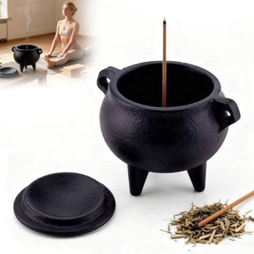 Cast Iron Incense Burner Cauldron with Removable Lid, Mini Aromatherapy Pot for Stick & Cone Incense, Home Decor