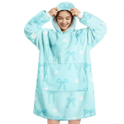 Blue Bow Oversized Animal Wearable Blanket Hoodie with Pocket for Adults & Teens