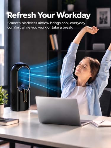 Misby Black Bladeless Desk Fan with Touch Control, 11.8 Inch Portable Rechargeable Fan