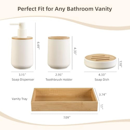 White 4-Piece Bathroom Accessories Set - Bamboo & Matte White Finish