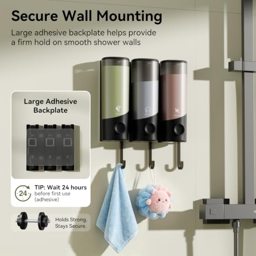 Wall Mounted Shampoo and Conditioner Dispenser with Hooks - 1200ML No-Drill Bathroom Organizer - Black