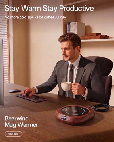 Coffee Mug Warmer Set with Temperature Control and LED Display - Walnut 15oz Ceramic Mug Gift