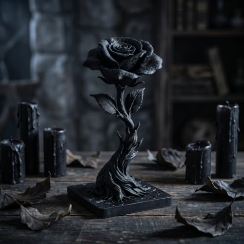 Gothic Black Resin Rose Sculpture with Skeleton Key - Dark Home Decor
