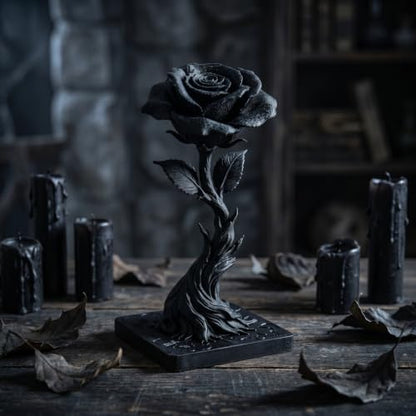 Gothic Black Resin Rose Sculpture with Skeleton Key - Dark Home Decor
