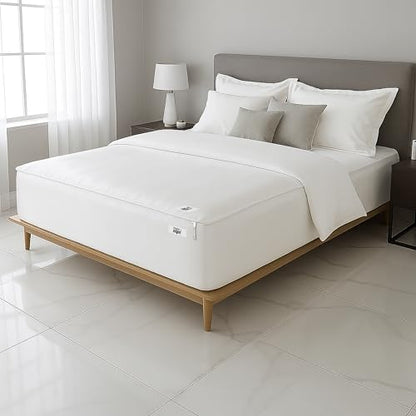 King Size Zipper Fitted Sheet Set - 500TC Cotton Satin, Deep 16 Inch Pocket, Snow White