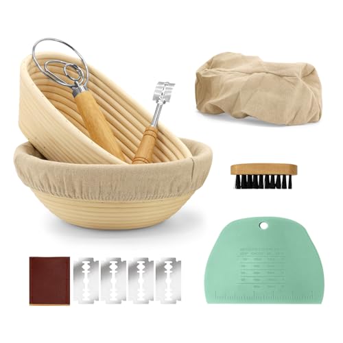 Banneton Bread Proofing Baskets set of 2, 9inch Round & 10inch Oval Sourdough Proofing Basket, Natural Handmade Rattan Basket with Bread Making Tools kit,Covers,Scoring Lame,Scraper,Brush,Dough Whisk.