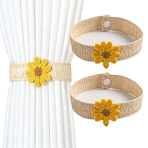 Yellow Flower Curtain Tiebacks 2 Pack Rope Woven No Drill Boho Rustic Home Decor