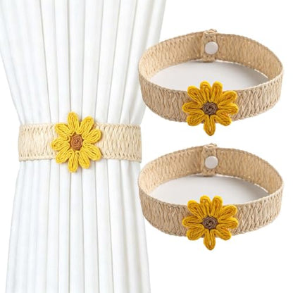 Yellow Flower Curtain Tiebacks 2 Pack Rope Woven No Drill Boho Rustic Home Decor