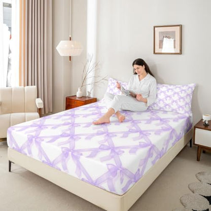 Kids Full Size Bed Sheet Set with Bowknot & Heart Pattern - Purple White, Deep Pocket, 3 Pieces - Manfei