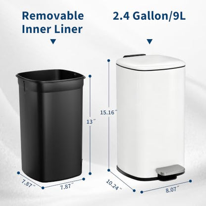 Garvee White Bathroom Trash Can with Lid 2.4 Gallon Slim Waste Bin