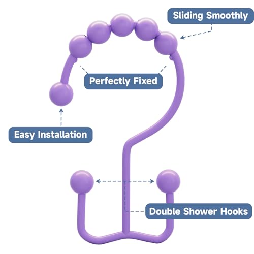 Titanker Shower Curtain Hooks Rings, Rust-Resistant Metal Double Glide Shower Hooks for Bathroom Shower Rods Curtains, Set of 12 Hooks - Lavender