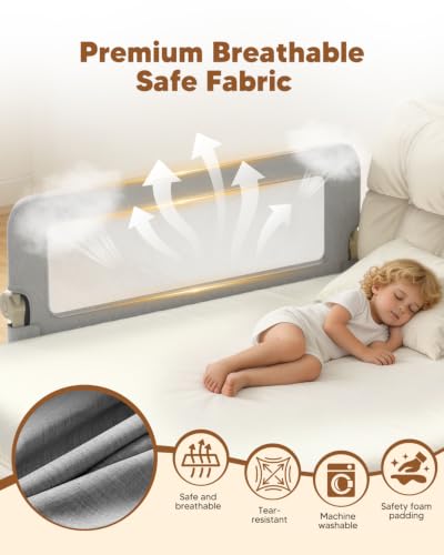 Toddler Bed Rail Guard 75in Gray Foldable Safety Bed Guard with Reinforced Steel Frame