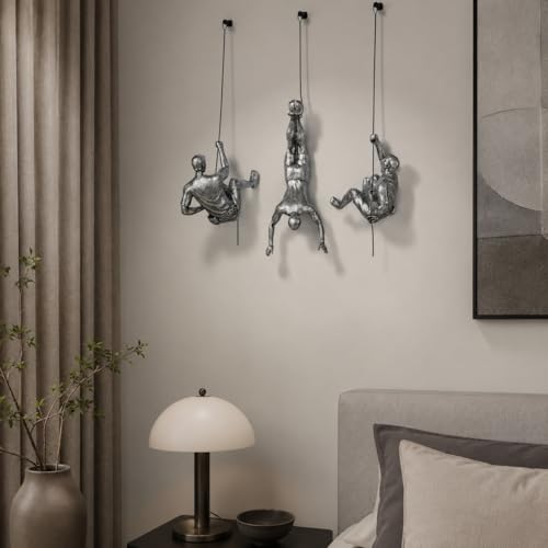 Silver Climbing Men Wall Art Sculpture - Modern Home & Office Decor - Set of 3