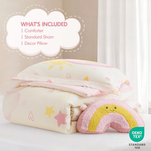 Kids Pink Sunshine Comforter Set - Twin/Twin XL with Rainbow Pillow