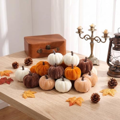 16 Pcs Fall Velvet Pumpkin Decor Assorted Mini Artificial Pumpkins for Autumn Harvest Thanksgiving