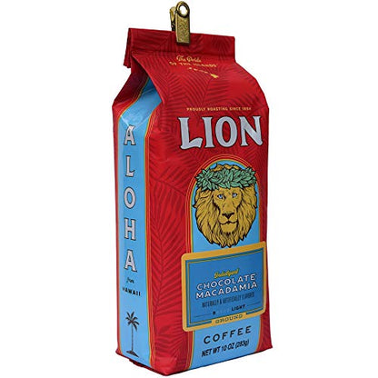 Lion Coffee Chocolate Macadamia Flavored Ground Coffee, Light Roast, Hawaiian Inspired Taste - 10 Ounce Bag