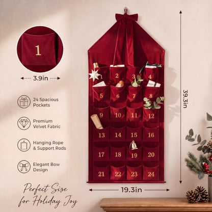 Christmas Velvet Advent Calendar with 24 Pockets - Burgundy Family Countdown