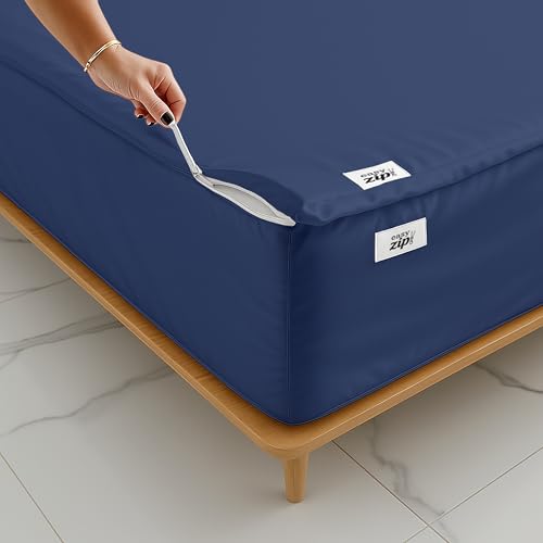 King Zipper Fitted Sheet 78x80 Inch Navy Blue 500TC Cotton Satin Deep Pocket