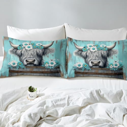 Queen Size Highland Cow Kids Sheet Set with Deep Pockets - Gray & Light Blue