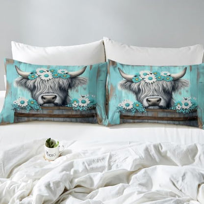 Queen Size Highland Cow Kids Sheet Set with Deep Pockets - Gray & Light Blue