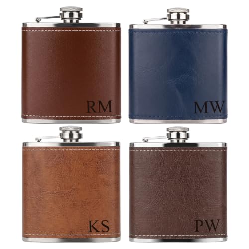Personalized Groomsmen Flask - 6 Oz Custom Engraved Leather Wedding Gift Brown