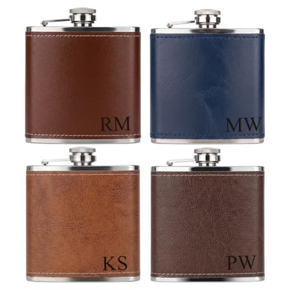 Personalized Groomsmen Flask - 6 Oz Custom Engraved Leather Wedding Gift Brown