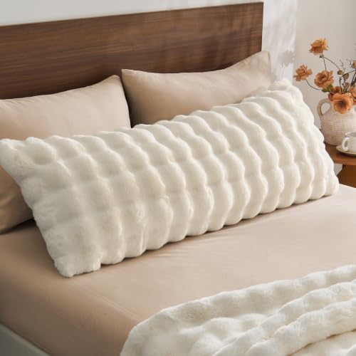 BEDELITE Faux Rabbit Fur Body Pillow Cover 20x54 Solid Cream White Cozy Texture