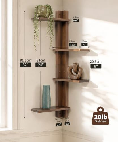 SUMGAR Walnut 4-Tier Corner Floating Shelves - Left or Right Layout, MCM Style