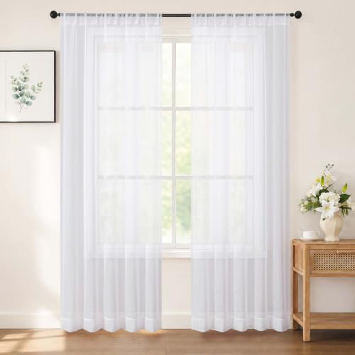 White Sheer Curtains 84 Inch Long for Living Room, 2 Panels - Pack of 2