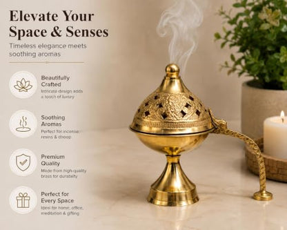 Brass Dhoop Dani Incense Holder with Handle for Puja 4.5 x 4 - Traditional Temple Decor