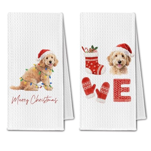 Goldendoodle Christmas Kitchen Towels - Holiday Dog Lover Hand Towels, 16x24 Inch Set of 2