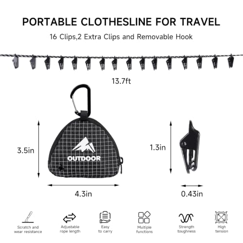 Camping Clothesline with 18 Clothespins - 13.7Ft Travel Clothesline Black