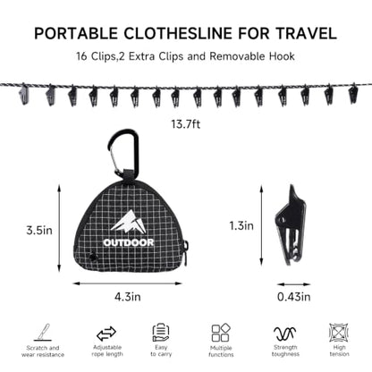 Camping Clothesline with 18 Clothespins - 13.7Ft Travel Clothesline Black