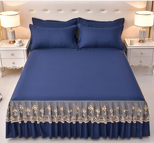 Blue Pleated Bed Skirt 15 Inch Drop Fully Elastic Microfiber Wrap-Around
