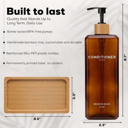 Amber Refillable Shampoo and Conditioner Dispenser Set by Brighter Barns - 16oz Bathroom Decor