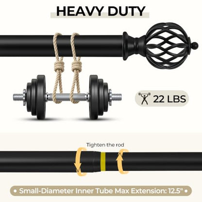 Heavy Duty Adjustable Black Curtain Rod 32-60 Inch - Modern Metal Finials