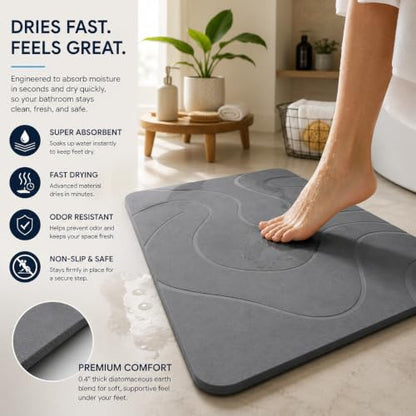 Natural Diatomaceous Earth Stone Bath Mat Non Slip Quick Dry Absorbent Gray 23.6x15.4 Inches