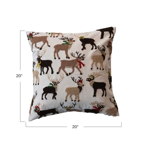 Holiday Square Cotton Pillow with Embroidered Reindeer - Multicolor, 20"