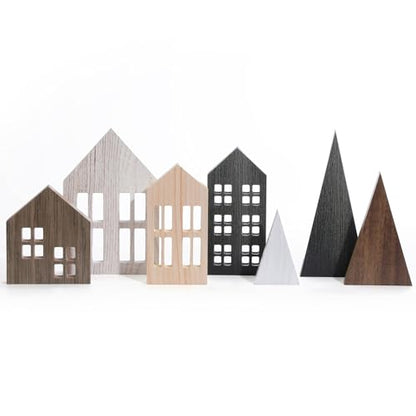 Wooden Christmas Village Houses Set with Trees - Rustic Holiday Decor