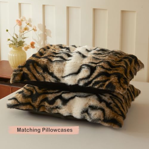 Queen Tiger Print Faux Rabbit Fur Duvet Cover Set - 3 Pieces, Brown