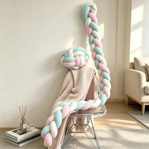Mixed-Color Handmade 3-Strand Braided Knot Pillow - Soft Plush Decorative Throw, 141.7in (3.6m) - White Pink Grey