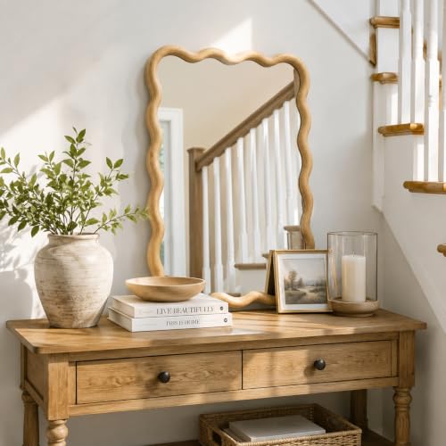 Wavy Solid Wood Mirror - Boho Rectangular Wall Mirror 20x30 Inches - Natural Finish