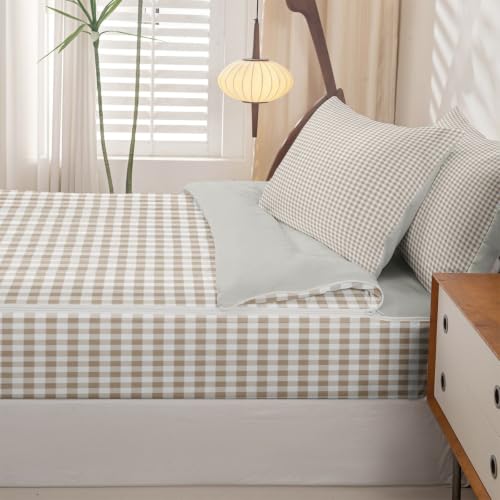 Khaki White Checkered Zipper Bedding Set Full Size - Kids Bed Comforter & Sheet